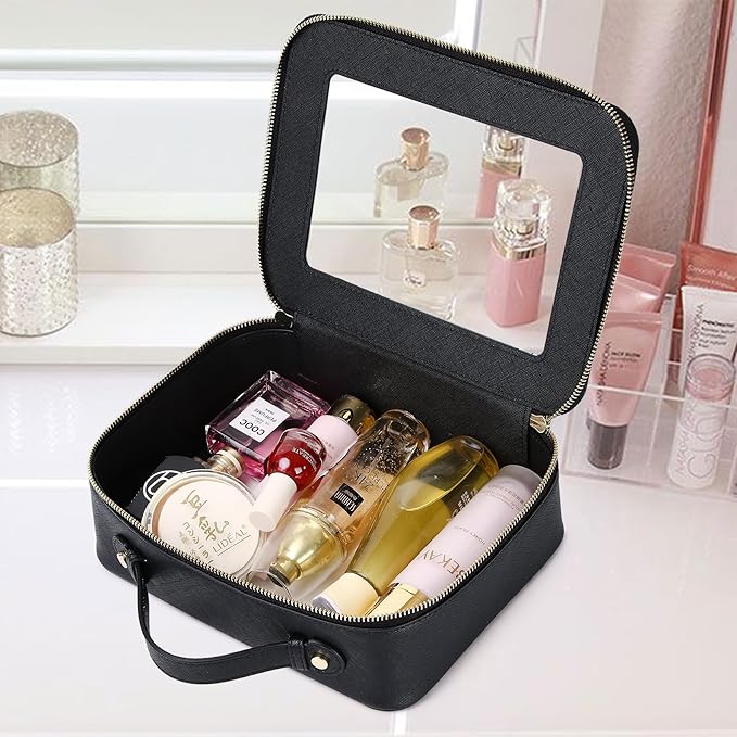 Travel Makeup Bag with Brush Case Portable Transparent Cosmetic Bag and Toiletry Bag Waterproof Makeup Organizer with Zipper Car Essential for Women (Black, L+Slim)
