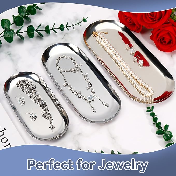 2PACK Silver Decorative Tray,Oval Stainless Steel Trays, Decorative Tray for Jewelry Dish Cosmetics Organizer Bathroom Clutter Serving Platter (Silver, 10 in)
