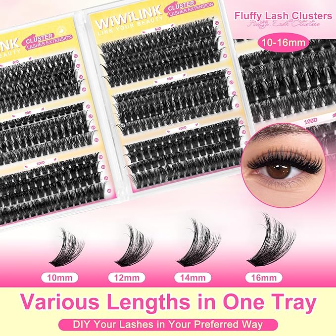 Lash Clusters 448Pcs (60D+80D+100D), Fluffy Wispy Lashes Clusters, D-Curl Cluster Eyelash Extensions 10-16mm - 100% Vegan, Beginner Friendly