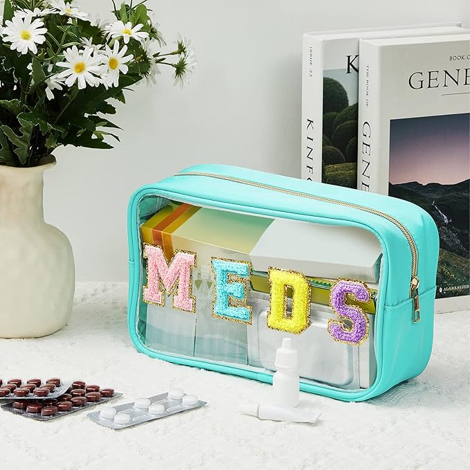 Geetery Medicine Bag Chenille Patch Meds Bags Portable Makeup Cases Preppy Patch with Zipper Cosmetic Travel Toiletry Storage for Women(Green,Cute Meds)