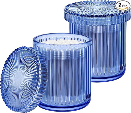 2 Pack Qtip Holder - Apothecary Jars with Lids, Bathroom Organizers and Storage Canister for Cotton Balls,Swabs,Floss Picks,Hair Ties,Clear Glass Vintage Bathroom Decor Jar Set (Blue2)