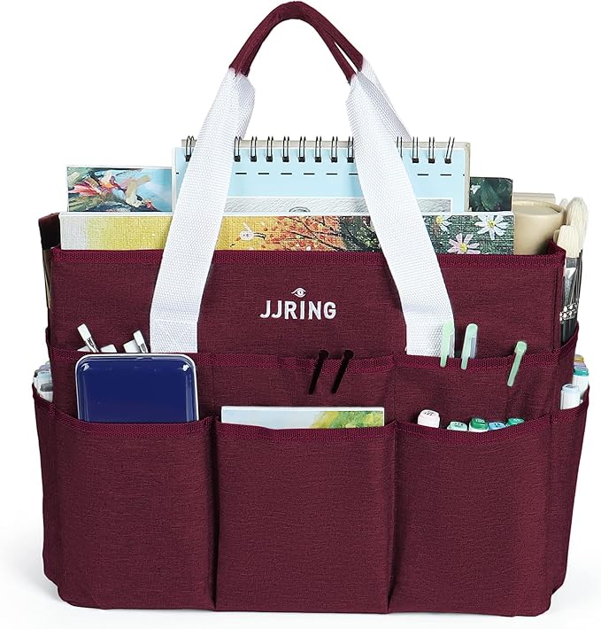 JJRING Craft Organizer Tote Bag, Large Art Storage Caddy with Multiple Pockets, Dark Red Sewing Bag for Art, Craft, Scrapbooking, Medical, and Office Supplies Storage