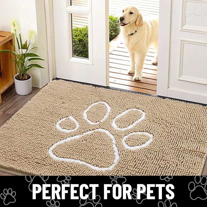 Smiry Dog Door Mat for Muddy Paws, Absorbent Dirt Trapper Non Slip Quick Dry Washable Chenille Mat for Mud Dogs, Entry Rug for Indoor and Outdoor (71x46 Inches, Beige and White)