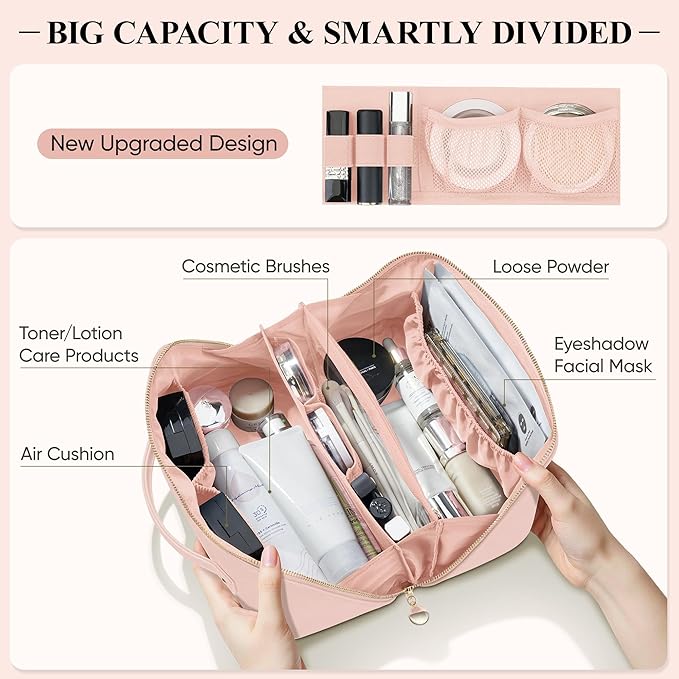 Travel Makeup Bag, Large Capacity Cosmetic Bags for Women, Waterproof Portable Pouch Open Flat Make up Organizer Bag with Dividers and Handle, Toiletry Bag for Essentials