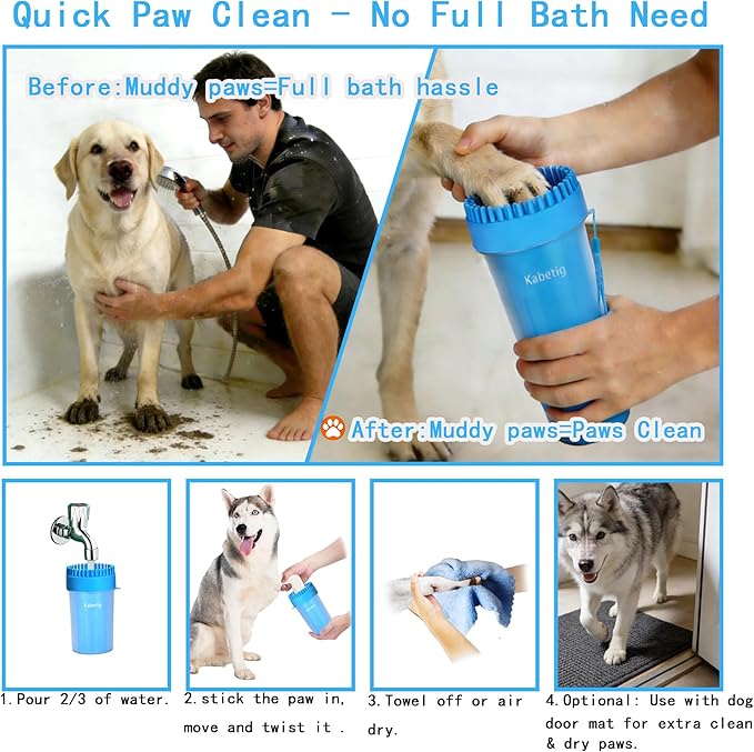 Dog Paw Cleaner Kit for L/XL Dogs - Quick Clean No Full Bath, 2-in-1 Paw Wash Cup with Detachable Silicone Brush Head, Includes Bath Brush & 3 Absorbent Towels, Blue