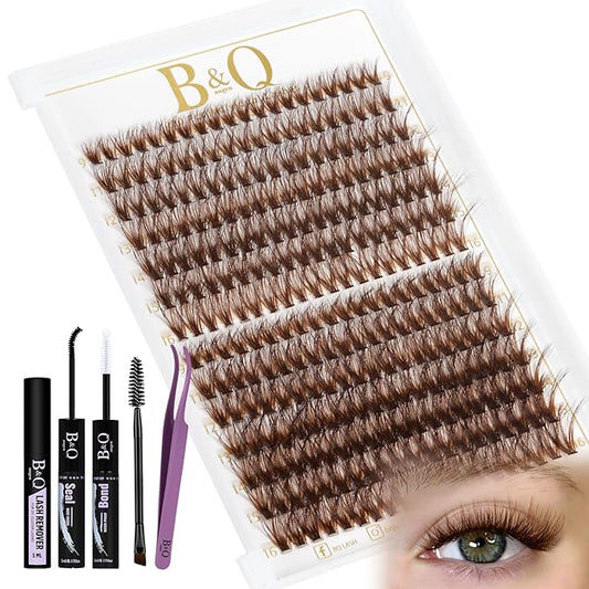 B&Q Mocha Brown Lash Clusters Kit | 280 Pcs Brown Wispy & Natural Eyelash Clusters for Beginner DIY, Complete Lash Extension Kit with Bond and Seal, Fake Eyelashes for Natural Look（40D+50D 9-16mm)