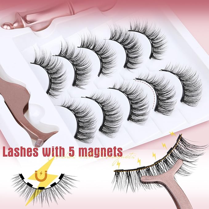 Magnetic Eyelashes with Eyeliner Cat Eye Natural Magnetic Lashes with Applicator No Glue Needed Wispy Magnet Lash 5 Pairs Strip Lashes with Magnet Eyeliner