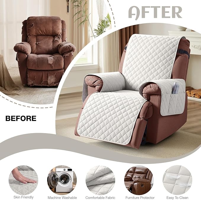 KinCam 100% Waterproof Recliner Chair Cover, Reclining Couch Covers for Pets, Dogs, Recliner Couch Slipcover Furniture Protector with Elastic Straps for Kids(23.6", Beige White)
