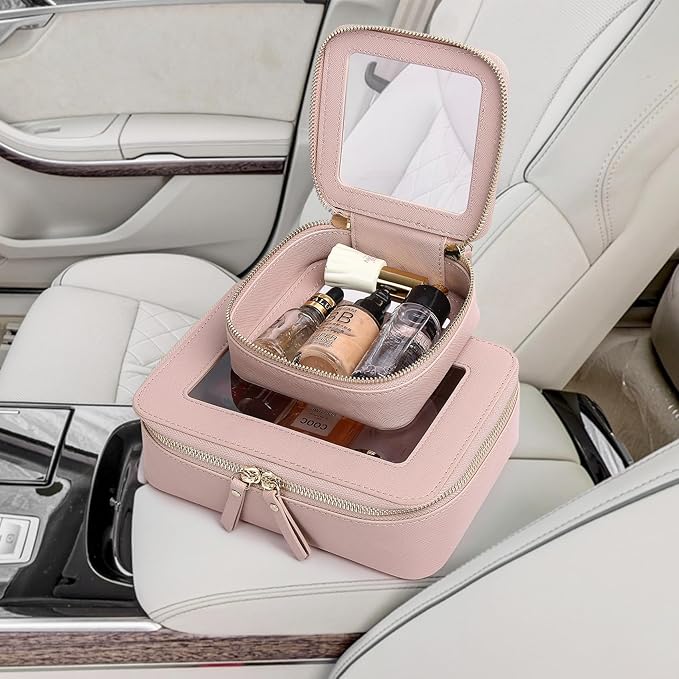 Clear Makeup Bag Set Portable Travel Cosmetic Bag and Toiletry Bag Women's Purse Pouch Cosmetic Stroage Organizer Bag with Zipper Car Essentials (Pink, M+Mini)