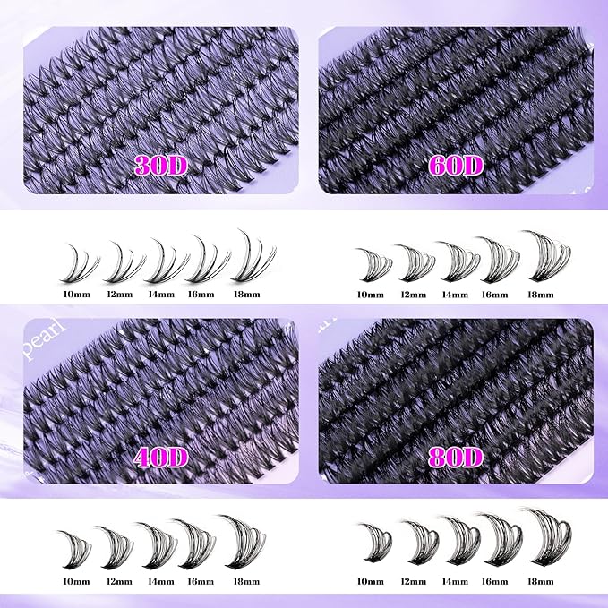 Lash Clusters Kit 560 Pcs 30D/40D/60D/80D Lashes Clusters Thick Volume Eyelash Extensions 10-18mm Individual Lahses Thin Band Cluster Lashes with Bond and Seal False Eyelashes Extensions Kit-30-80D