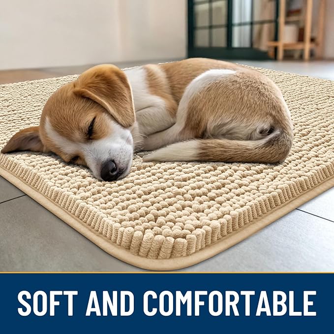 Smiry Dog Door Mat for Muddy Paws 44x32, Absorbs Moisture and Dirt Doormat, Non-Slip Washable Quick Dry Chenille Front Door Mat Indoor Entrance, Entryway Carpet for Inside Floor, Beige