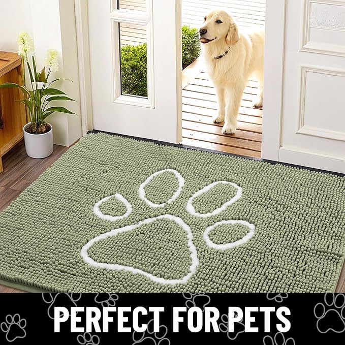 Smiry Dog Door Mat for Muddy Paws, Absorbent Dirt Trapper Non Slip Quick Dry Washable Chenille Mat for Mud Dogs, Entry Rug for Indoor and Outdoor (47x24 Inches, Sage Green and White)