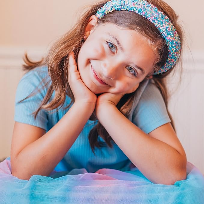 FROG SAC Headband for Girls, Candy Sprinkles Padded Headbands for Kids, Wide Puffy Hair Bands for Toddlers, Little Girl Confetti Hair Accessories, Thick Colorful Aqua Blue Child Hair Band