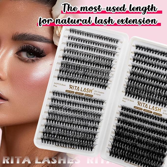 RITALASH Lash Extension Kit 20D+30D+40D+50D DIY Lash Clusters 640pcs Cluster Lashes Individual Lashes Eyelash Extension Kit with Lash Bond and Seal,Lash Tweezers(20D+30D+40D+50D Kit,10-16mm Mixed)