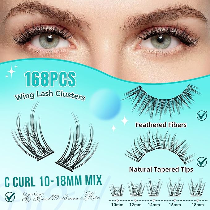 Manga Lash Clusters Fairy Eyelash Extension DIY 168pcs C Curl Anime Lashes Extensions Wispy Eyelashes Cluster with Thin Band Individual Lashes False Eyelashes At Home (Wing, C-10-18mm)