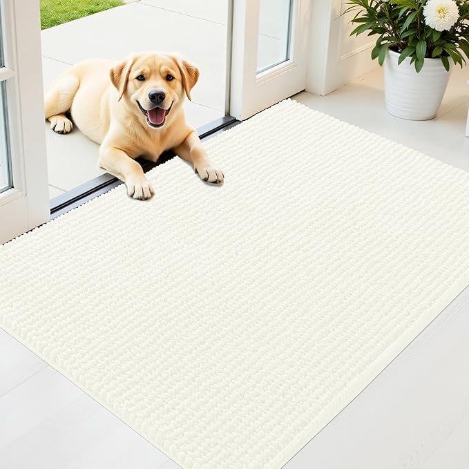 OLANLY Dog Door Mat for Muddy Paws 44x32, Ultra Absorbent Chenille Mud Doormat, Non-Slip Washable and Dirt Trapping Doormat for Indoor Entryway, Quick-Dry Indoor Pet Bed Mats for Dogs, Ivory