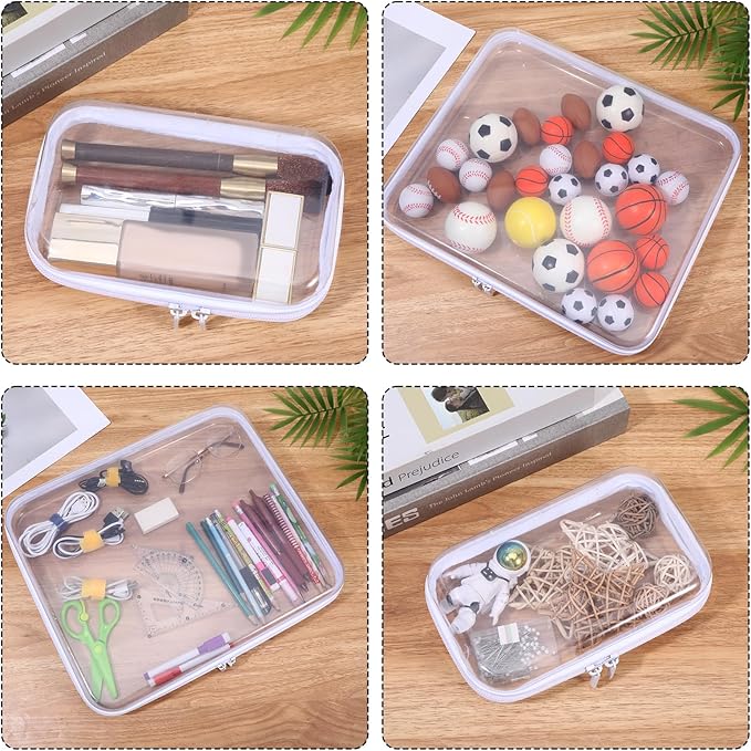 2 Pcs Clear Hard Shell Zipper Case, Clear Zipper Pouches Hard Shell, Portable Waterproof Plastic Transparent Storage Box Set with Double Zips for Cosmetic Stationery Snack Toy Storage Organizer Bins