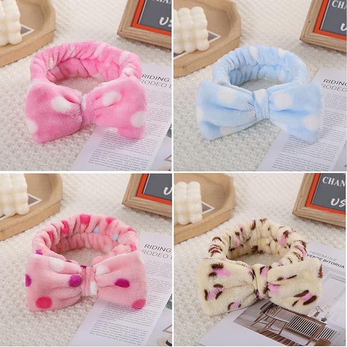 12pcs Spa Headband Soft Bowknot Spa Hair Band Coral Fleece Headband Makeup Headbands for Face Washing Skin Care Shower Yoga Headwraps for Women Girls (Pattern G)
