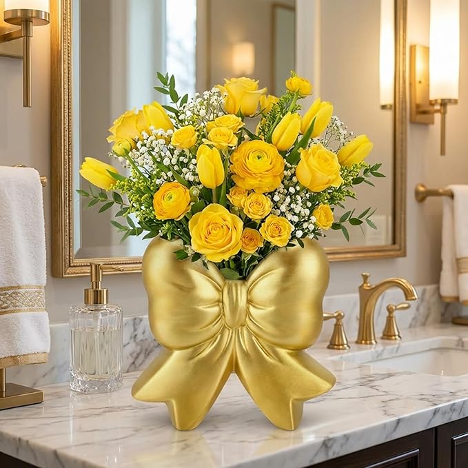 Bow Vase Coquette Ceramic Vase Pen Holder Makeup Brush Holder Contemporary Design Decorative Women Gift for Christmas Home Office Shelf Table Room(Gold,Small,Classic)