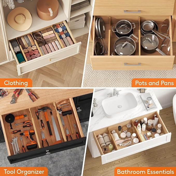 Lifewit 4 Pack 5" Deep Bamboo Drawer Dividers, 13-16.5" Expandable Drawer Organizers for Clothes, Adjustable Dresser Drawer Divider, Clothing Drawer Separators for Dresser, Bedroom, Bathroom, Kitchen