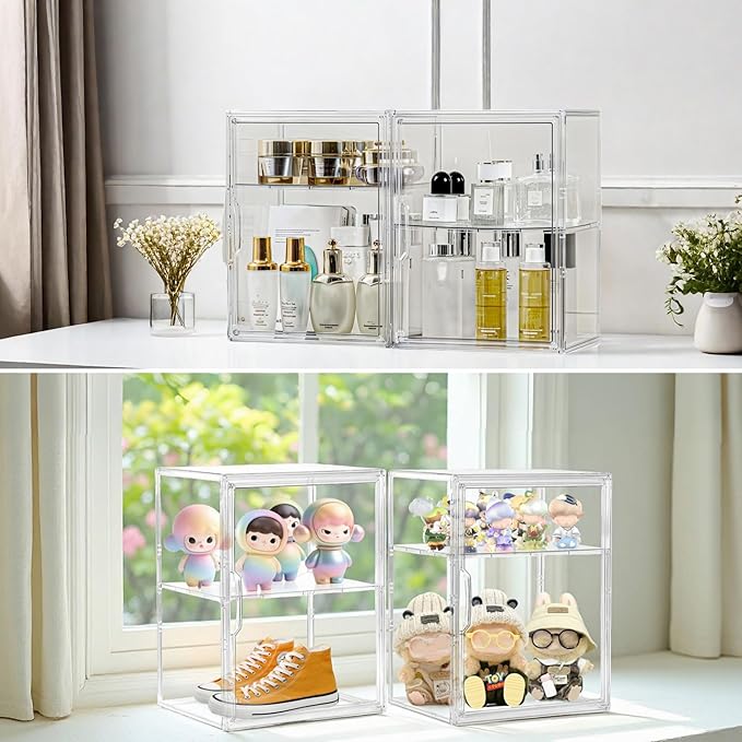 Attelite Acrylic Display Case Compatible with Labubu POP MART, Clear Stackable Plastic Storage Bins with Magnetic Lid, Display Box for Large Figures Collectibles, Cosmetic, Shoe, Perfume and Purse