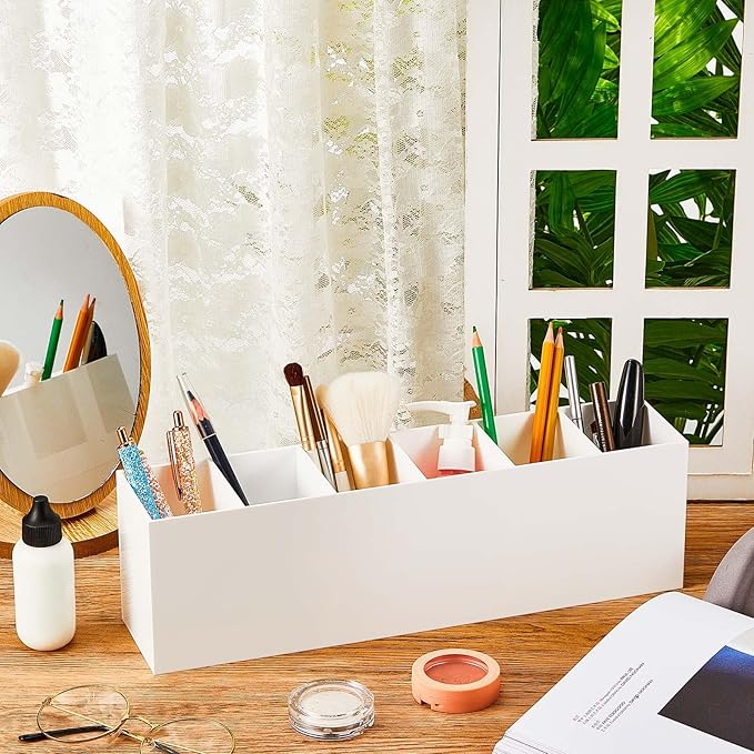 Jetec Acrylic Pen Holder 6 Compartments Makeup Brush Stationery Organizer Pencil Holder for Desk Accessories, Cosmetic Brushes, Dorm, Home, Bathroom, Kitchen, Office Supplies(White)