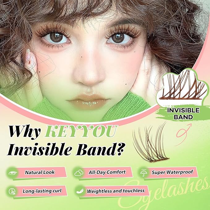 KEYYOU Venus Brown Lash Clusters Kit Fairy Lash Extension Kit C Curl 120Pcs 8-16MIX Eyelash Extension Wispy Natural Invisible Band Lash with Waterproof DIY Lash Extension Kit at Home