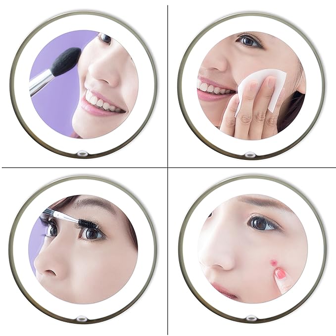 JiBen Flexible Gooseneck LED Lighted 10X Magnifying Makeup Mirror with Power Locking Suction Cup and 360 Degree Swivel, Portable Cordless Travel and Home Bathroom Vanity Mirror