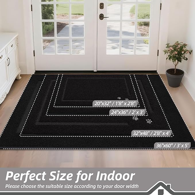 BEQHAUSE Dog Door Mat for Mud Paws Dirt Trapper Doormat Non-Slip Entryway Rugs Absorbent Welcome Mat Washable Indoor Floor Mat Low-Profile for Front Door, 20" x 32", Black