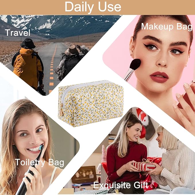 Makeup Bag Travel Cosmetic Bag for Women Girls, Zipper Make Up Pouch, Floral Flowers Toiletry Organizer Makeup, Portable Storage Cosmetic Travel Cloth Bag (Yellow Floral)