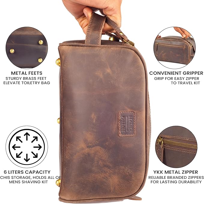 LEATHER VILLAGE Genuine Leather Toiletry Travel Pouch With Waterproof Lining - Brown | King-Size Handcrafted Vintage Dopp Kit Bag, Shaving & Bathroom Organizer, Gift for Men & Women