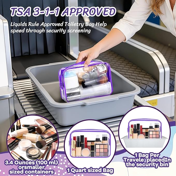 Clear Cosmetic Bag Transparent Makeup Bag for Women Men Waterproof Travel Makeup Clear Toiletry Organizer Cosmetic Storage Pouch Case with Zipper (12, Purple, Medium)