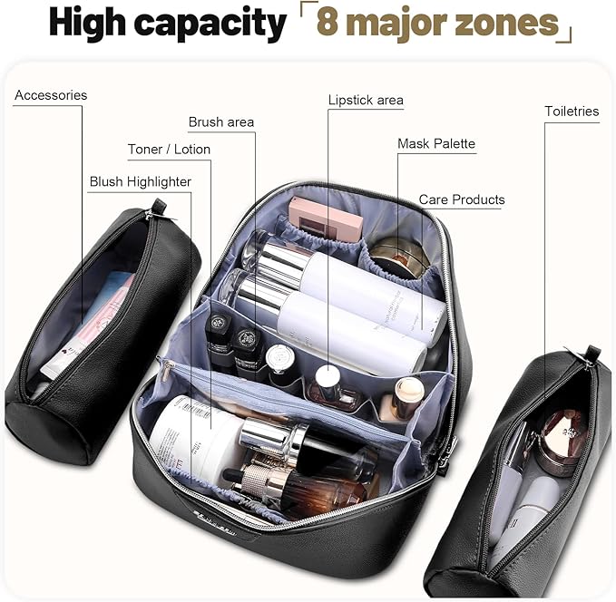 BOYATU Travel Makeup Bag Cosmetic Bags for Women: Large Capacity 3 Pcs Set Make up Bag with Compartments - Waterproof Vegan Leather Toiletry Organizer Bags with Handle (N-67Black)
