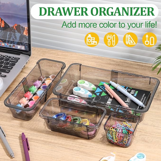14 PCS Black Expandable Drawer Organizer, 3 Sizes Drawer Organizers and Storage, Vanity Dividers, Acrylic Storage Bins for Makeup, Jewelry Gadgets for Kitchen, Bedroom, Bathroom, Office