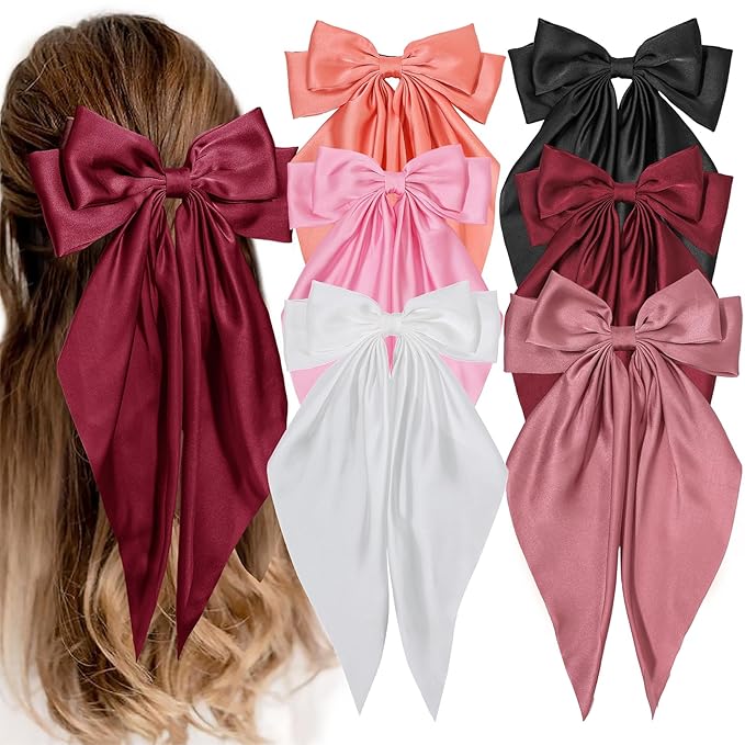 6 PCS Hair Bows for Women, Big Bow Hair Clips for Girls, Silky Satin Hair Bows Clips Oversized Long Tail, Large Cute Aesthetic Hair Accessories, Metal Bow Hair Clips Holiday Gifts Dark Red