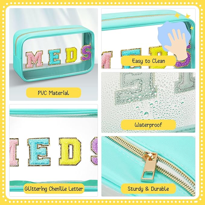 Geetery Medicine Bag Chenille Patch Meds Bags Portable Makeup Cases Preppy Patch with Zipper Cosmetic Travel Toiletry Storage for Women(Green,Cute Meds)