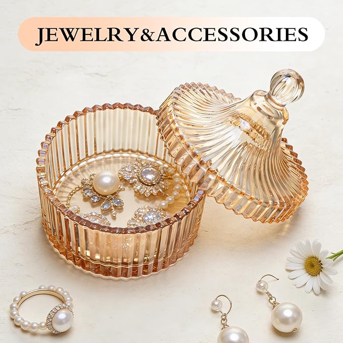2 Piece Dusting Powder Container with Puff - Large Body Powder Puff and Container, Crystal Glass Powder Container with Puff Soft Velour Washable Reusable Face & Body Use (Amber)