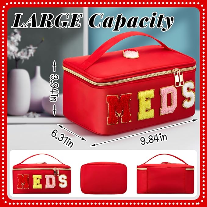 Geetery Clear Makeup Bag Chenille Letter Meds Bag Travel Cases Preppy Patch with Zipper, Portable Cosmetic Toiletry Storage case for Women(Meds,Red)