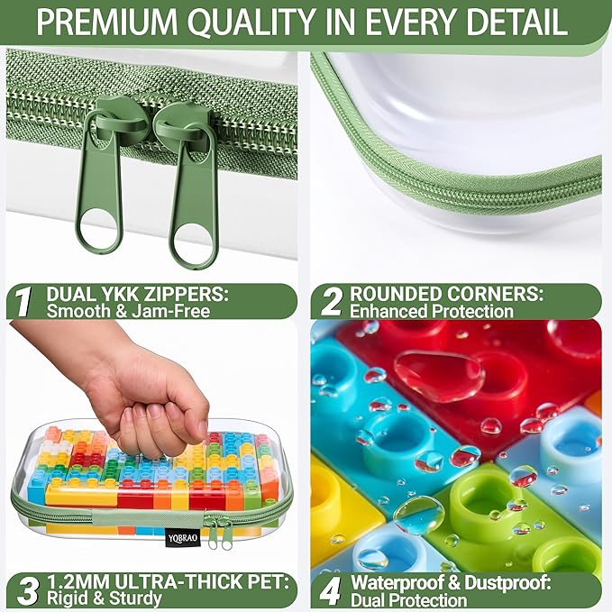 6 Pack Green Clear Hard Shell Beauty Organizer (2M+4S), 1.2mm Heavy Duty Crush-Proof Cosmetic Case, Reinforced YKK Zippers, Stadium Approved Security Bag for Skincare & Electronics, Multi-Size Set