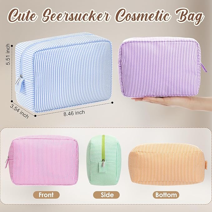 Sanwuta 9 Pcs Seersucker Cosmetic Bag Bulk Pinstripe Makeup Bag for Women Aesthetic Cute Travel Toiletry Organizer Preppy Storage Pouch for Wedding Bridesmaid Christmas Gift (Large, Candy Color)