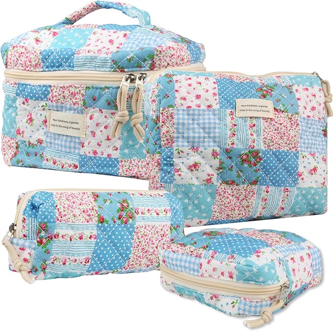 VIWIME Makeup Cosmetic Bag, Large Cotton Quilted Travel Coquette Aesthetic Cute Floral Make up Bag for Women Toiletry Bag Organizer (204- Gird Rose / 4Pcs)