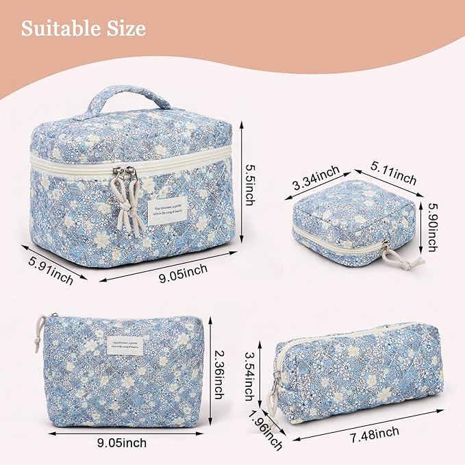 VIWIME Makeup Cosmetic Bag, Large Cotton Quilted Travel Coquette Aesthetic Cute Floral Make up Bag for Women Toiletry Bag Organizer (302-Blue&White)