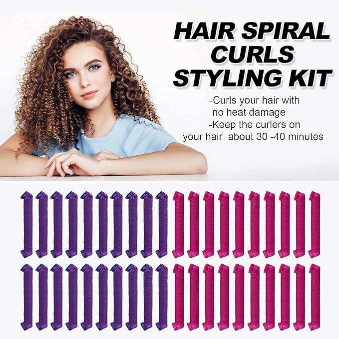 40pcs Heatless Spiral Hair Rollers with Styling Hooks, 22inch/55cm, No Heat Damage, DIY Kit for Long & Medium Hair
