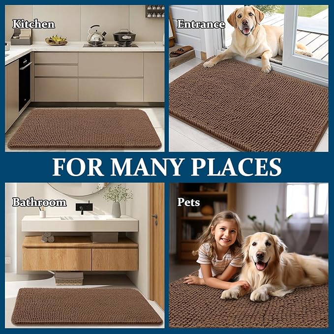 OLANLY Dog Door Mat for Muddy Paws 47x17, Absorbs Moisture and Dirt, Absorbent Non-Slip Washable Doormat, Quick Dry Chenille Mud Mat for Dogs, Entry Indoor Entryway Carpet for Inside Floor, Mocha