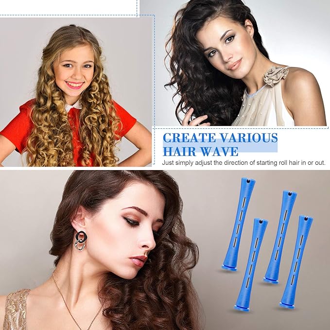 WILLBOND 96 Pcs Hair Perm Rods Plastic Cold Wave Perming Rod for Short Long Hair Curlers Heatless Roller with 2 Steel Pintail Rat Tail Comb for Hairdressing Styling Tool(0.35 Inch/ 0.9 cm,Blue)