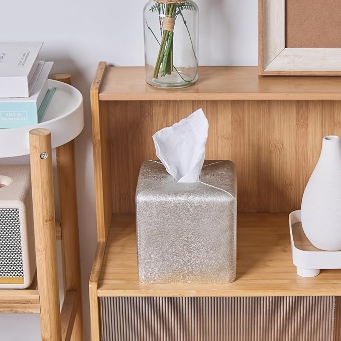 Silver Square Tissue Box Cover,Resin Heavy Sturdy Tissue Box Holder, Facial Paper Holder for Bathroom Vanity Countertop,Bedroom Night Stand,Office and End Table