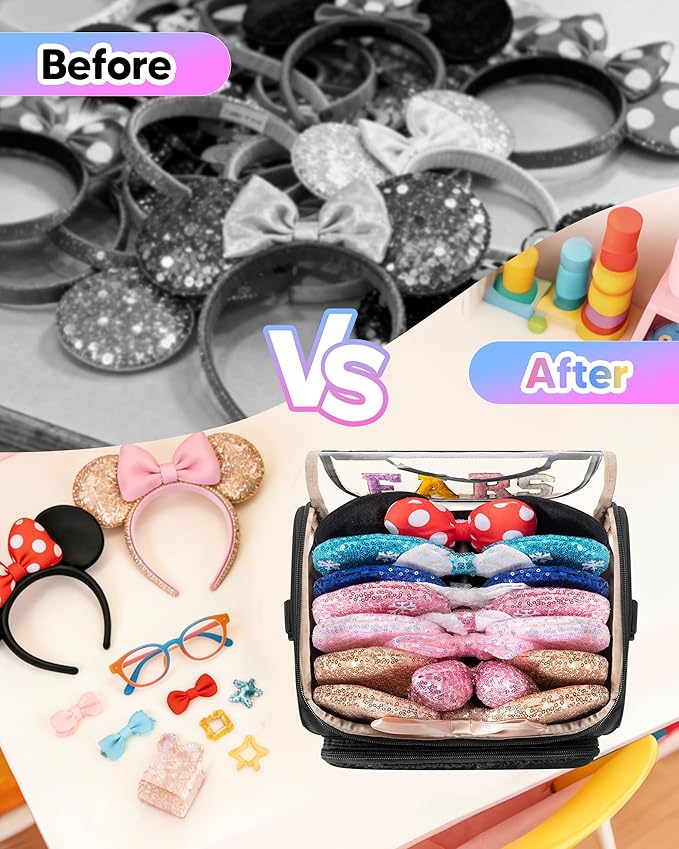 Mouse Ears Travel Case with Detachable Divider, Headband Holder Organizer Bag with Shoulder Strap, Chenille Letter Hair Accessories Storage Box, Black