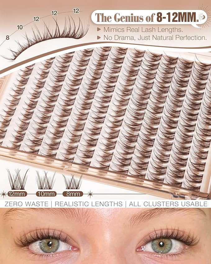 Brown Lash Clusters Kit 8-12MM Natural Cluster Eyelash Extensions Kit Wispy Cluster Lashes Dark Brown Individual Lashes C Curve Eyelash Clusters Short 144Pcs Pestañas Postizas Marrón