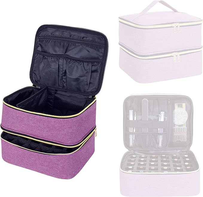 UOZL Nail Polish Organizer, Handheld Double Layer Organizer Holds 30 Bottles (15 ml/0.5 floz) with Adjustable Dividers for Nail Polish Small Manicure Lamp Manicure Tools Essential and Travel,Purple