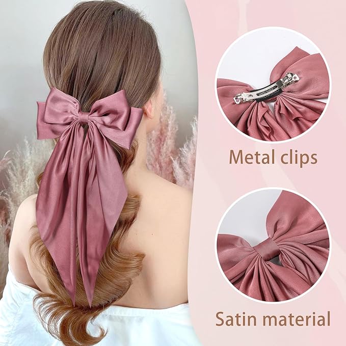 6 PCS Hair Bows for Women, Big Bow Hair Clips for Girls, Silky Satin Hair Bows Clips Oversized Long Tail, Large Cute Aesthetic Hair Accessories, Metal Bow Hair Clips Holiday Gifts Dark Red